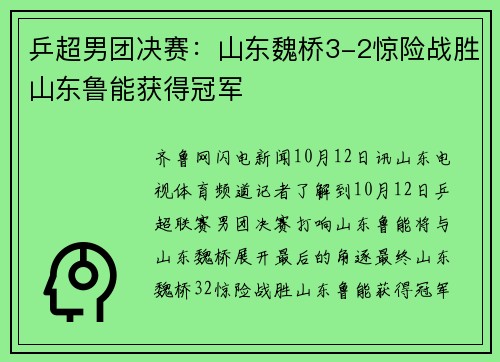 乒超男团决赛：山东魏桥3-2惊险战胜山东鲁能获得冠军