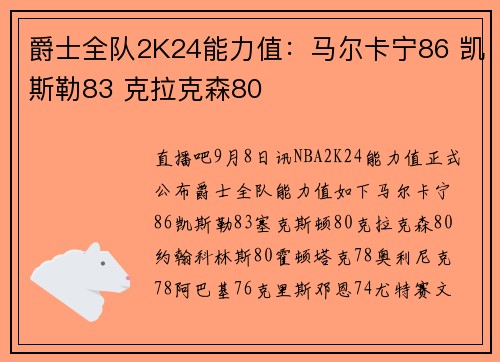 爵士全队2K24能力值：马尔卡宁86 凯斯勒83 克拉克森80