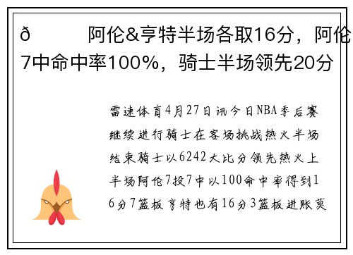 👏阿伦&亨特半场各取16分，阿伦7投7中命中率100%，骑士半场领先20分